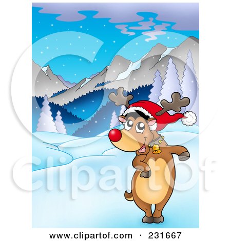 Royalty-Free (RF) Clipart Illustration of a Dancing Red Nosed Reindeer In A Mountainous Landscape by visekart