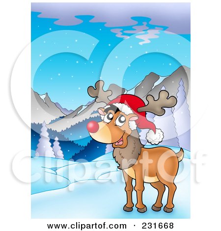 Royalty-Free (RF) Clipart Illustration of a Happy Red Nosed Reindeer In A Mountainous Landscape by visekart