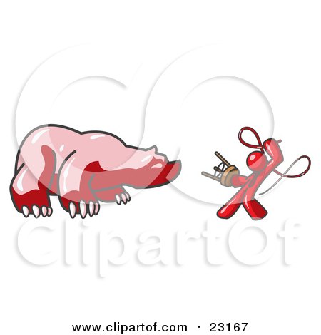 Clipart Illustration of a Red Man Holding a Stool and Whip While Taming a Bear, Bear Market by Leo Blanchette