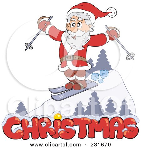 Royalty-Free (RF) Clipart Illustration of Santa Skiing On A Slope Over Christmas Text by visekart