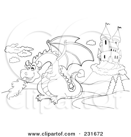Royalty-Free (RF) Clipart Illustration of a Coloring Page Outline Of A Dragon By A Castle - 3 by visekart