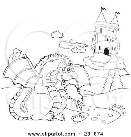 Royalty-Free (RF) Clipart Illustration of a Coloring Page Outline Of A Dragon By A Castle - 1 by visekart