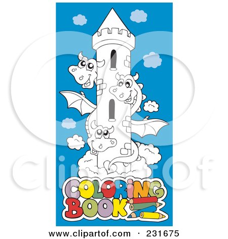 Royalty-Free (RF) Clipart Illustration of a Coloring Page Outline Of A Three Headed Dragon Around A Tower On Blue by visekart