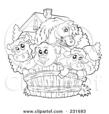 Royalty-Free (RF) Clipart Illustration of a Coloring Page Outline Of A Cow, Horse, Pig And Sheep Looking Over A Fence by visekart