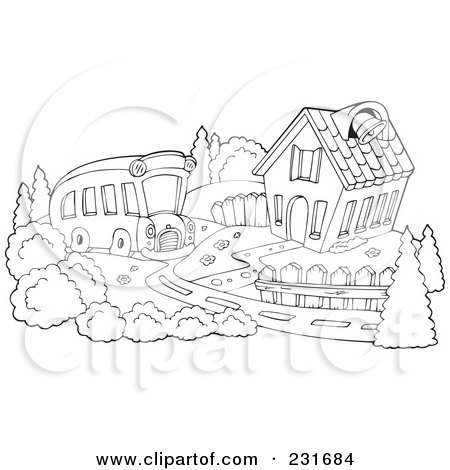 Royalty-Free (RF) Clipart Illustration of a Coloring Page Outline Of A School Bus Pulling Up To A School House by visekart