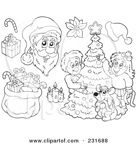 Royalty-Free (RF) Clipart Illustration of a Digital Collage Of Outlined Christmas People And Items by visekart