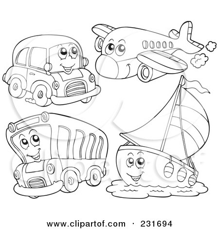 Royalty-Free (RF) Clipart Illustration of a Digital Collage Of An Outlined Car, Plane, Bus And Boat by visekart