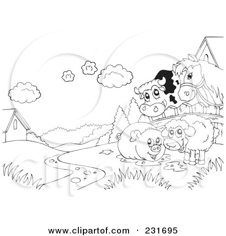 Royalty-Free (RF) Clipart Illustration of a Coloring Page Outline Of A Cow, Horse, Pig And Sheep On Farmland by visekart