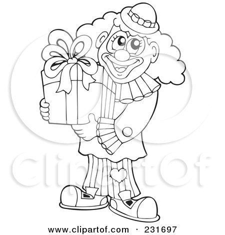 Royalty-Free (RF) Clipart Illustration of a Coloring Page Outline Of A Clown Holding A Gift by visekart