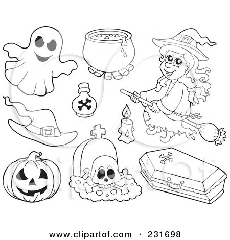 Royalty-Free (RF) Clipart Illustration of a Digital Collage Of Outlined Halloween Items by visekart