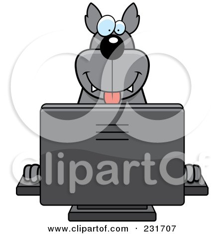 Royalty-Free (RF) Clipart Illustration of a Happy Wolf Using A Computer by Cory Thoman