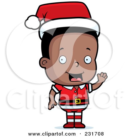 Royalty-Free (RF) Clipart Illustration of a Black Christmas Elf Boy Waving by Cory Thoman