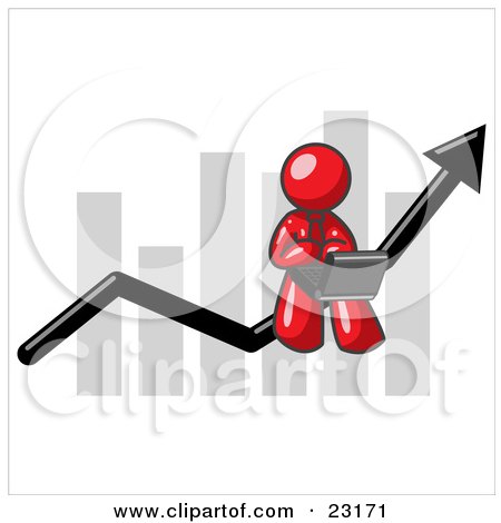 Clipart Illustration of a Red Man Using a Laptop Computer, Riding the Increasing Arrow Line on a Business Chart Graph by Leo Blanchette
