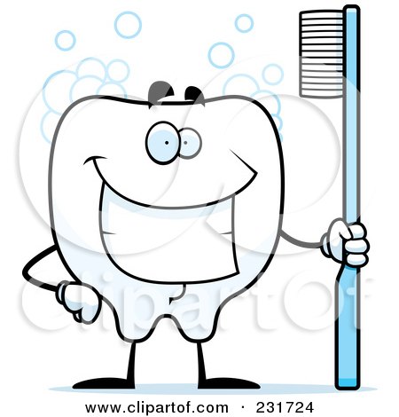 Royalty-Free (RF) Clipart Illustration of a Smiling Tooth Holding A Blue Brush, With Bubbles by Cory Thoman