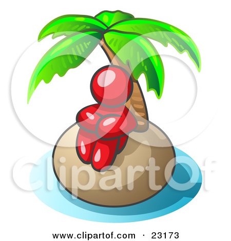 Clipart Illustration of a Red Man Sitting All Alone With A Palm Tree On A Deserted Island by Leo Blanchette