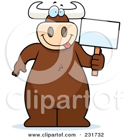 Royalty-Free (RF) Clipart Illustration of a Big Bull Standing And Holding A Blank Sign by Cory Thoman