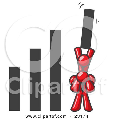 Clipart Illustration of a Red Man on Another Man's Shoulders, Holding up a Bar in a Graph by Leo Blanchette