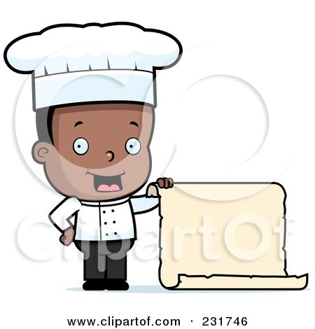 Royalty-Free (RF) Clipart Illustration of a Black Chef Boy Holding A Menu Scroll by Cory Thoman