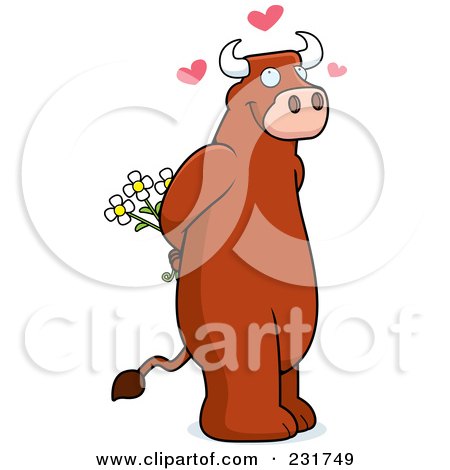 Royalty-Free (RF) Clipart Illustration of a Sweet Bull Holding Flowers Behind His Back by Cory Thoman