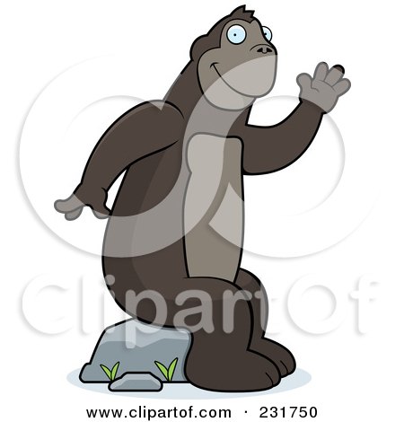 Royalty-Free (RF) Clipart Illustration of a Friendly Ape Waving And Sitting On A Boulder by Cory Thoman