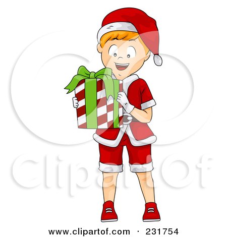 Royalty-Free (RF) Clipart Illustration of a Happy Christmas Boy Holding A Gift by BNP Design Studio