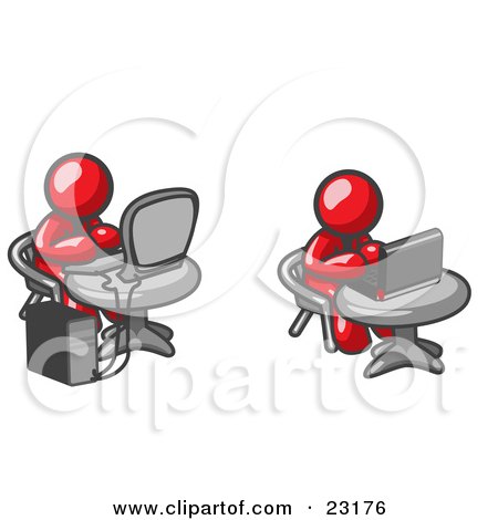 Clipart Illustration of Two Red Men, Employees, Working on Computers in an Office, One Using a Desktop, the Other Using a Laptop by Leo Blanchette