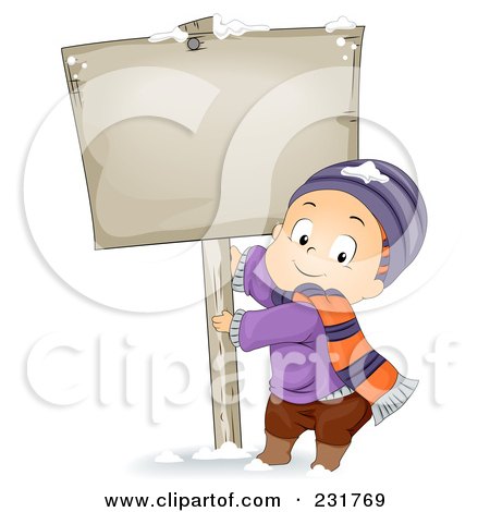 Royalty-Free (RF) Clipart Illustration of a Winter Boy Pulling On A Sign Pole by BNP Design Studio