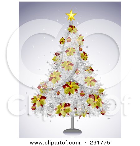 Royalty-Free (RF) Clipart Illustration of a White Christmas Tree Adorned In Yellow And Red Poinsettias by BNP Design Studio