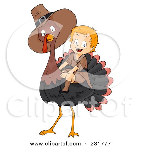 Royalty-Free (RF) Clipart Illustration of a Thanksgiving Pilgrim Boy Riding A Big Turkey by BNP Design Studio