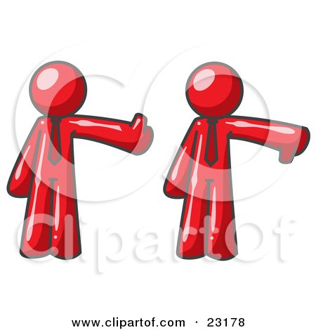 Clipart Illustration of a Red Business Man Giving the Thumbs Up Then the Thumbs Down  by Leo Blanchette