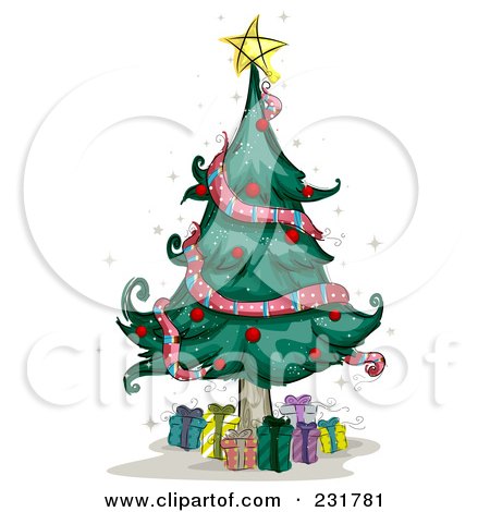 Royalty-Free (RF) Clipart Illustration of a Star On Top Of A Christmas Tree With Gifts Below by BNP Design Studio