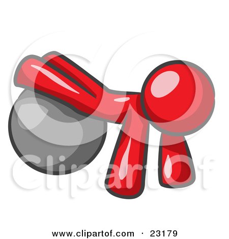 Clipart Illustration of a Red Man Strength Training His Arms And Legs While Using A Yoga Exercise Ball by Leo Blanchette