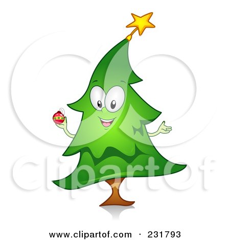 Royalty-Free (RF) Clipart Illustration of a Happy Christmas Tree Holding A Bauble by BNP Design Studio