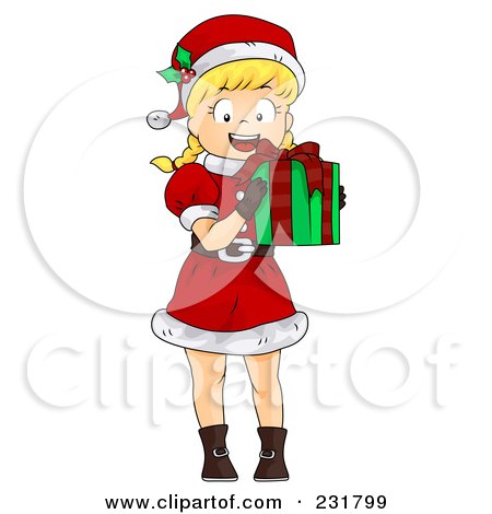Royalty-Free (RF) Clipart Illustration of a Happy Christmas Girl Holding A Gift by BNP Design Studio