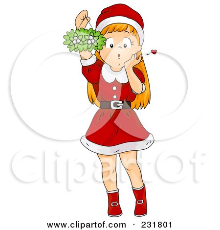 Royalty-Free (RF) Clipart Illustration of a Christmas Girl Holding Up Mistletoe by BNP Design Studio