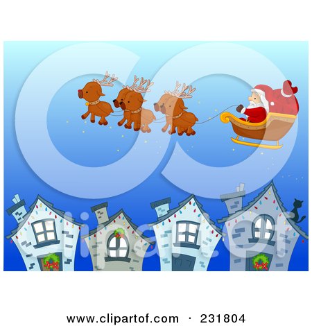 Royalty-Free (RF) Clipart Illustration of Santas Magic Reindeer Flying Above A Village by BNP Design Studio