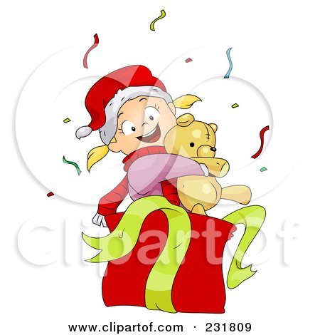 Royalty-Free (RF) Clipart Illustration of a Happy Christmas Girl Hugging A Teddy Bear In A Gift Box by BNP Design Studio