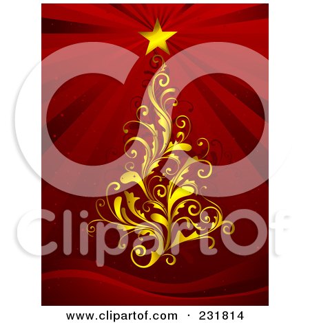 Royalty-Free (RF) Clipart Illustration of a Golden Floral Christmas Tree With A Shining Star On Red by BNP Design Studio