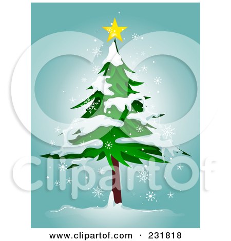 Royalty-Free (RF) Clipart Illustration of a Star On Top Of A Flocked Evergreen Tree, Over Blue by BNP Design Studio