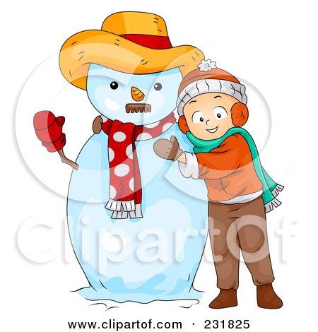 Royalty-Free (RF) Clipart Illustration of a Christmas Boy Hugging A Snowman by BNP Design Studio