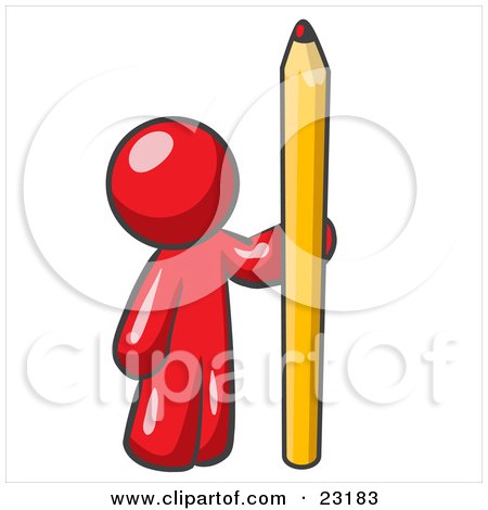Clipart Illustration of a Red Man Holding Up And Standing Beside A Giant Yellow Number Two Pencil by Leo Blanchette