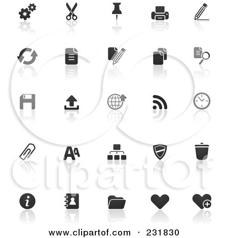 Royalty-Free (RF) Clipart Illustration of a Digital Collage Of Black And White Office Icons With Reflections by TA Images
