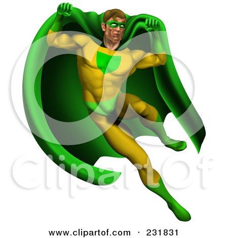 Royalty-Free (RF) Clipart Illustration of a Strong Male Super Hero Jumping In A Green And Yellow Suit by AtStockIllustration