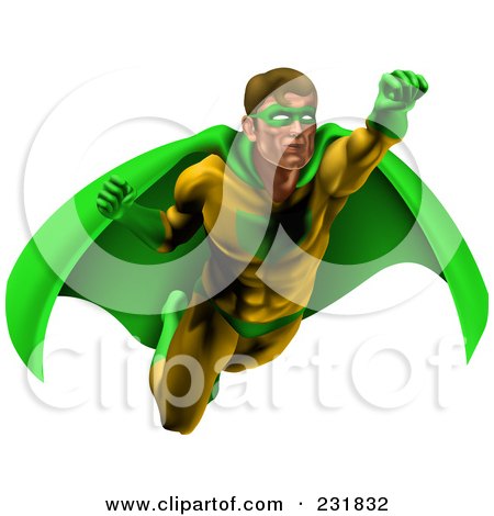 Royalty-Free (RF) Clipart Illustration of a Strong Male Super Hero Flying In A Green And Yellow Suit by AtStockIllustration