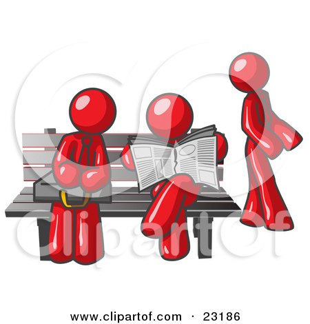 Clipart Illustration of Red Men at a Bench at a Bus Stop  by Leo Blanchette