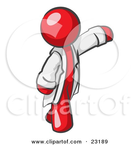 Clipart Illustration of a Red Scientist, Veterinarian Or Doctor Man Waving And Wearing A White Lab Coat by Leo Blanchette
