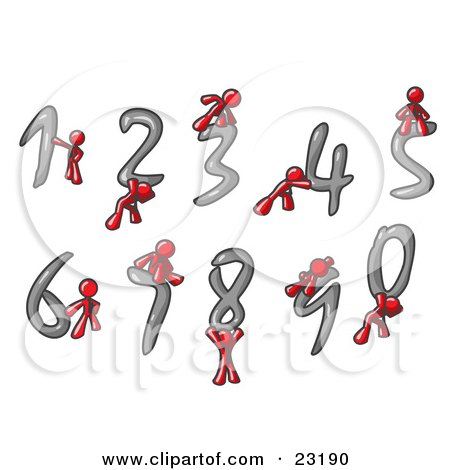 Clipart Illustration of Red Men With Numbers 0 Through 9 by Leo Blanchette