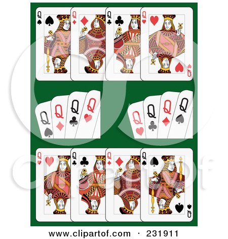 Royalty-Free (RF) Clipart Illustration of Queen Playing Cards On Green - 1 by Frisko