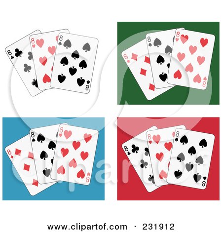 Royalty-Free (RF) Clipart Illustration of a Digital Collage Of Eight Playing Cards On White, Green, Blue And Red Backgrounds by Frisko