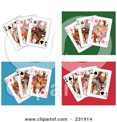 Royalty-Free (RF) Clipart Illustration of Queen Playing Cards On White, Green, Blue And Red by Frisko